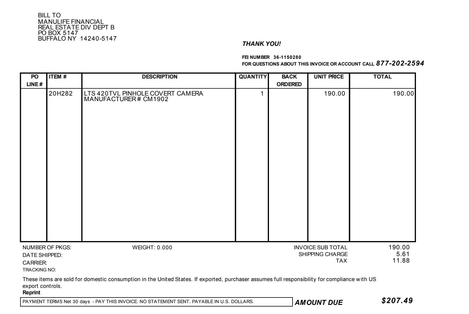 An invoice from the supply company Grainger shows a pinhole camera was shipped to John Hancock's then-Seaport headquarters, and billed to parent company Manulife Financial. (Suffolk County Superior Court records)